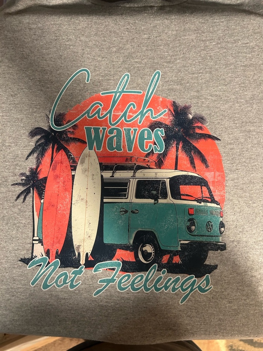 Gildan Gray Tee with Teal, Coral & Cream Surf Volkswagen Van Graphic VW Large